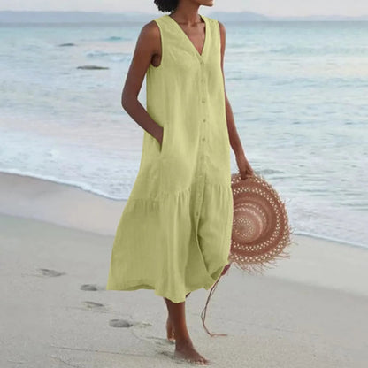 Effortless Linen Maxi Dress for Women with V Neck Sleeveless Button Front Tiered Flowing Bohemian Style
