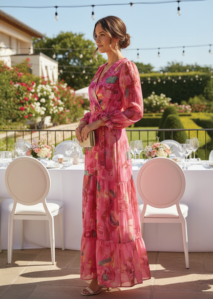 Elegant Pink Floral Maxi Dress for Women with V Neck Long Sleeve Tiered Ruffle Wrap Formal Wedding Guest Style