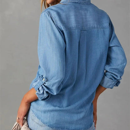 Effortless Chambray Denim Shirt for Women with Collar Long Sleeve Button Front Relaxed Casual Style