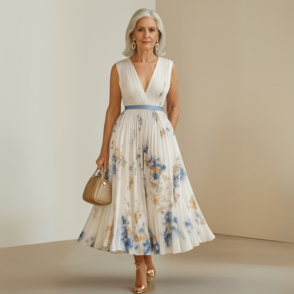 Effortless Watercolor Floral Midi Dress for Women with V Neck Sleeveless Pleated Belted Flowing Style