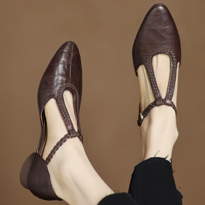 Elegant Croc Print Leather T-Strap Flats for Women with Braided Strap Pointed Toe Block Heel Style