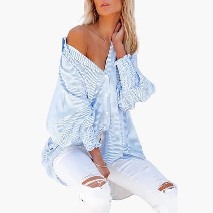 Effortless Striped Oversized Shirt for Women with Collar Long Sleeve Smocked Cuff Relaxed Style