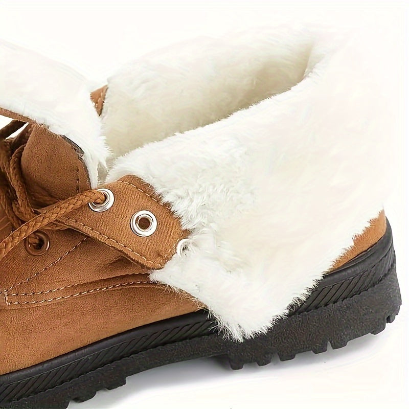 Warm Lace Up Snow Boots for Women with Fleece Cuff Almond Toe Chunky Sole Winter Snowproof Style