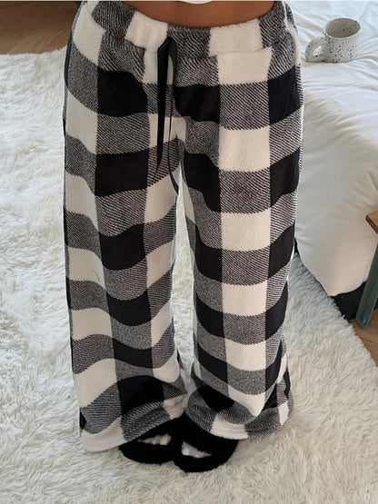 Warm Plaid Plush Sweatpants for Women with Elastic Drawstring Wide Leg Fleece Loungewear Style