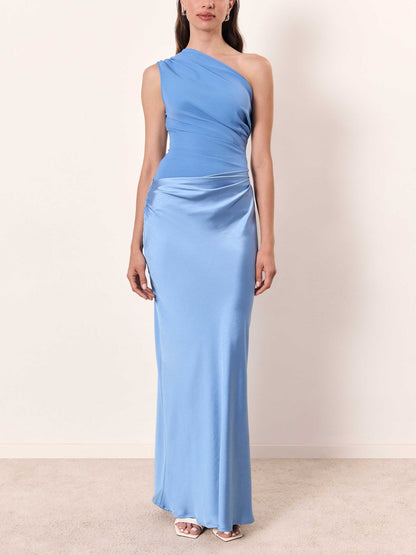Elegant Satin Maxi Dress for Women with One Shoulder Ruched Draped Mermaid Formal Wedding Guest Style