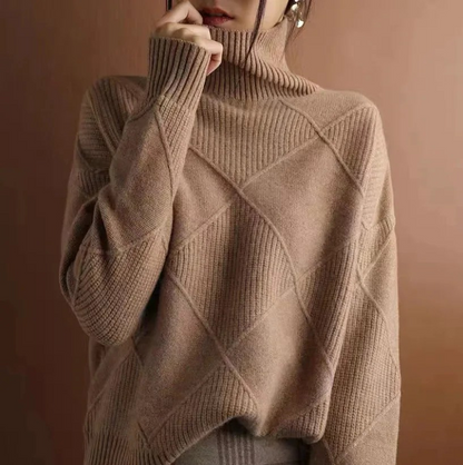 Comfortable Diamond Knit Sweater for Women with Turtleneck Long Sleeve Relaxed Oversized Style