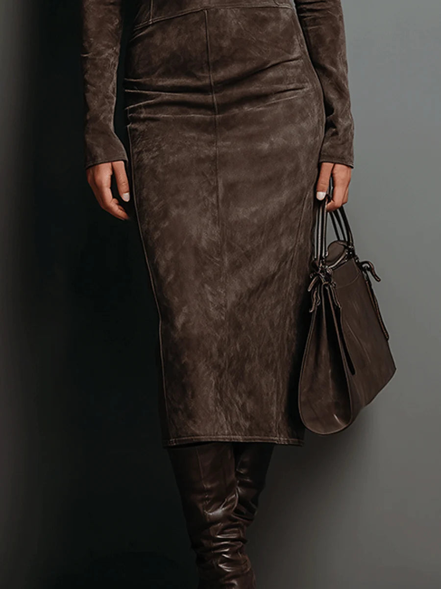 Elegant Suede Midi Dress for Women with Turtleneck Long Sleeve Ruched Sheath Style
