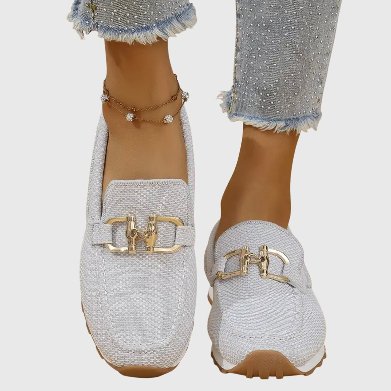 Comfortable Knit Mesh Loafer Sneaker for Women with Gold Horsebit Buckle Platform Slip On Casual Style