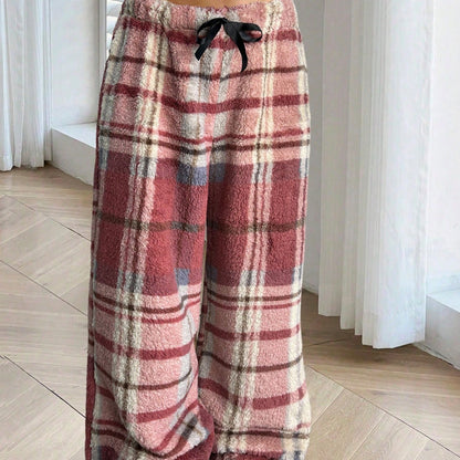 Warm Plaid Wide Leg Sweatpants for Women with Elastic Drawstring Plush Fleece Loungewear Style