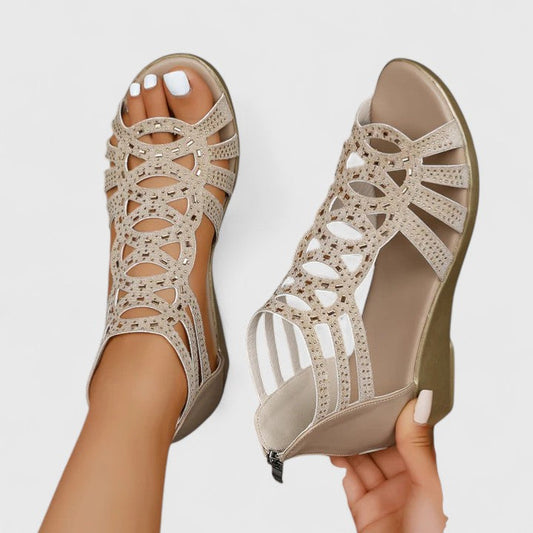 Elegant Rhinestone Caged Wedge Sandal for Women with Peep Toe Zip Back Low Heel Style