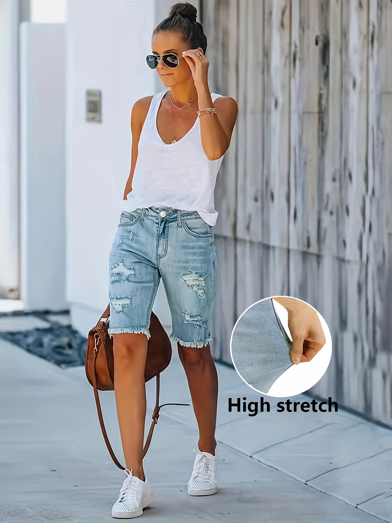 Comfortable Distressed Denim Bermuda Shorts for Women with High Waist Frayed Hem Stretch Casual Style