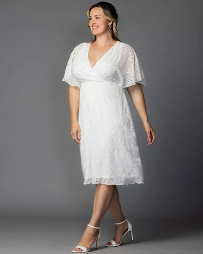 Stylish White Cocktail Dress for Women with V Neck Flutter Sleeve Eyelet Flared Midi Occasion Style