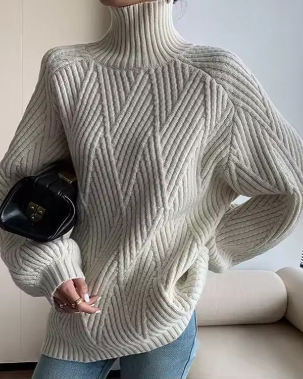 Comfortable Ribbed Knit Sweater for Women with High Neck Long Sleeve Oversized Batwing Style