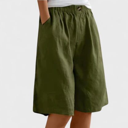 Effortless Linen Bermuda Shorts for Women with High Waist Elastic Button Wide Leg Casual Style