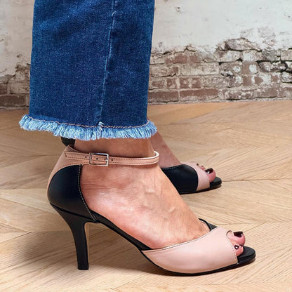 Elegant Black Colorblock Ankle Strap Sandal for Women with Peep Toe Buckle Kitten Heel Style