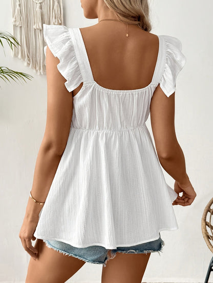 Effortless White Textured Babydoll Top for Women with Sweetheart Neckline Ruffle Sleeve Flowy Maternity Style