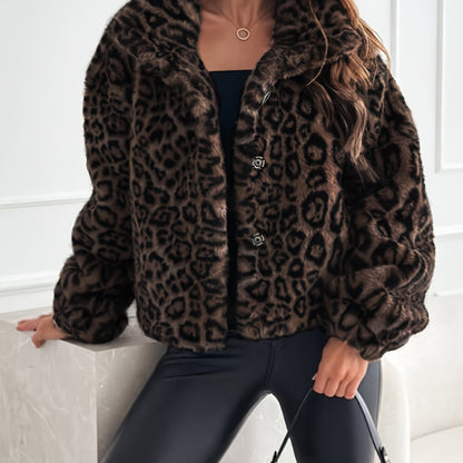 Warm Leopard Print Flurry Coat for Women with Faux Fur Collar Long Sleeve Soft Warm Cold Weather Style