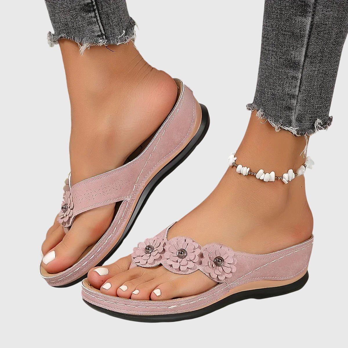 Comfortable Floral Wedge Sandals for Women with Toe Post Strap Cushioned Comfort Style