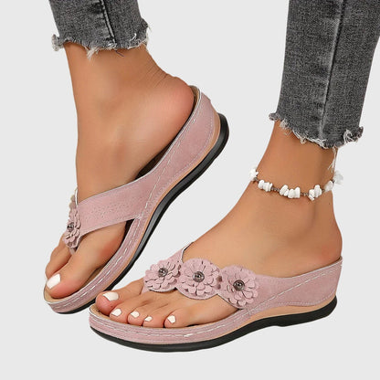Comfortable Floral Wedge Sandals for Women with Toe Post Strap Cushioned Comfort Style