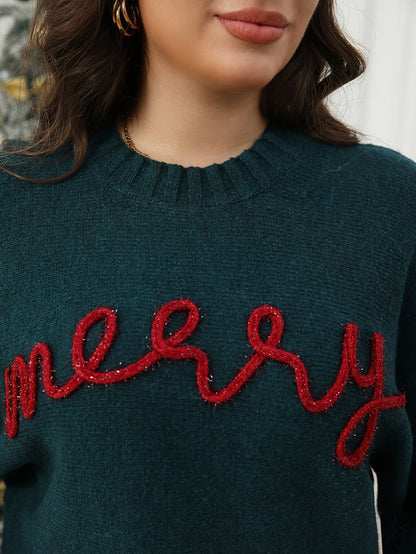 Warm Green Merry Letter Christmas Tacky Sweater for Women with Round Neck Long Sleeve Knit Pullover Festive Style