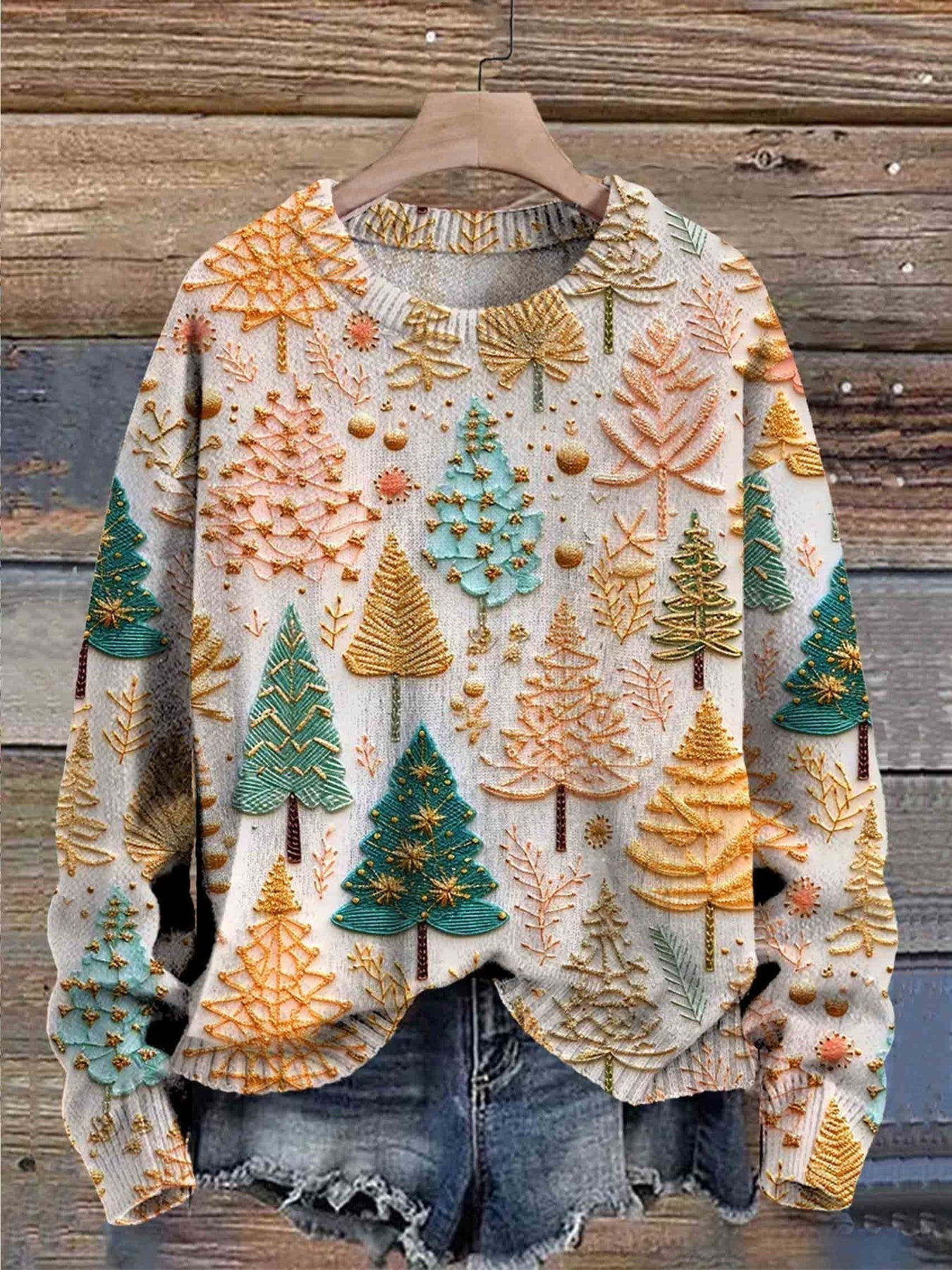 Comfortable Christmas Tree Print Sweater for Women with Crew Neck Long Sleeve Relaxed Oversized Knit Style