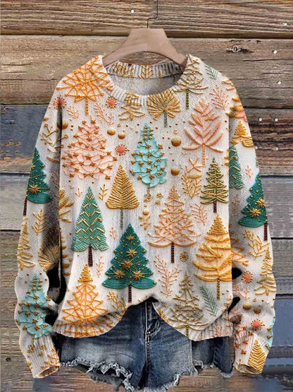 Comfortable Christmas Tree Print Sweater for Women with Crew Neck Long Sleeve Relaxed Oversized Knit Style