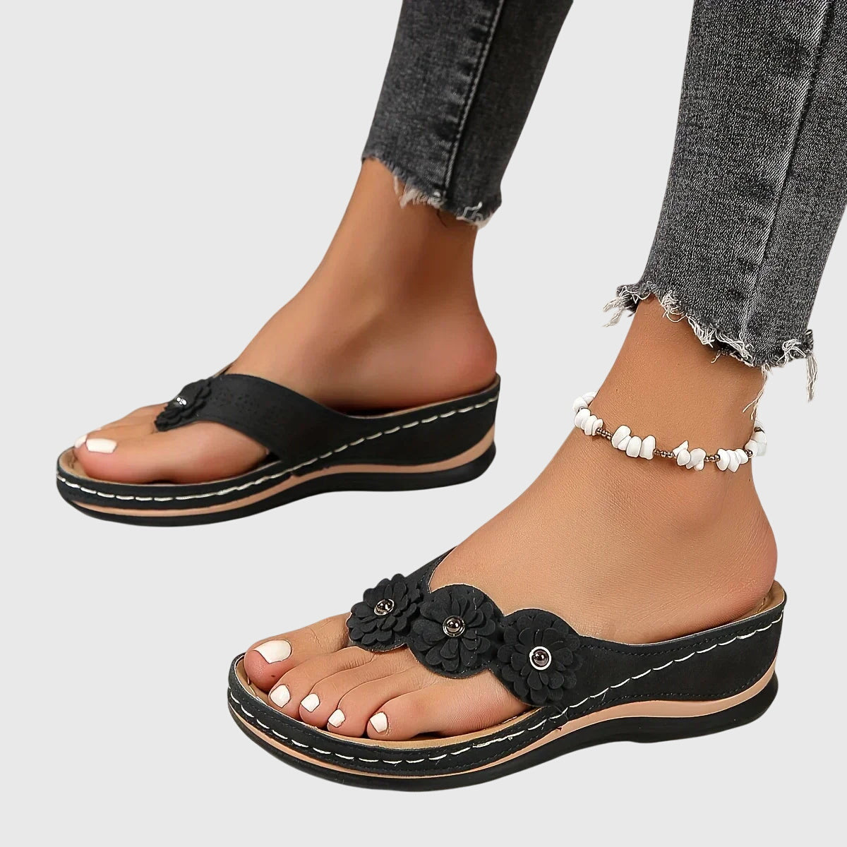 Comfortable Floral Wedge Sandals for Women with Toe Post Strap Cushioned Comfort Style
