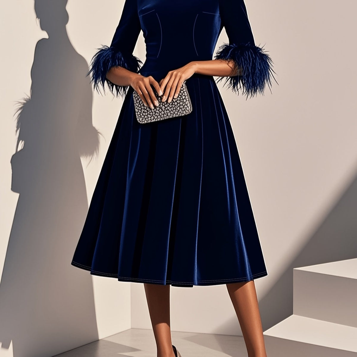 Effortless Velvet Semi Formal Dress for Women with Round Neck Feather Trim Sleeve Flared Midi Occasion Style