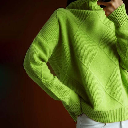 Comfortable Diamond Knit Sweater for Women with Turtleneck Long Sleeve Relaxed Oversized Style