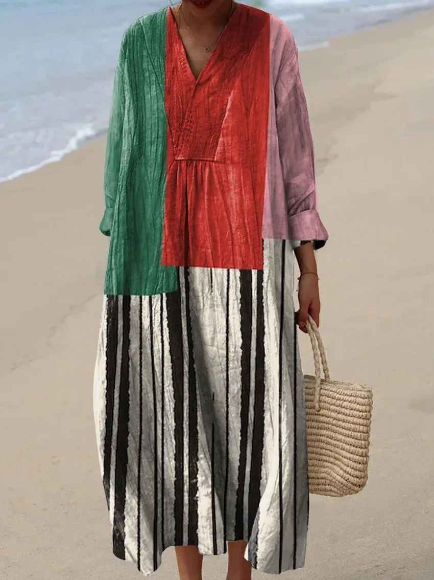 Effortless Patchwork Striped Linen Maxi Dress for Women with V Neck Long Sleeve Kaftan Flowing Bohemian Style
