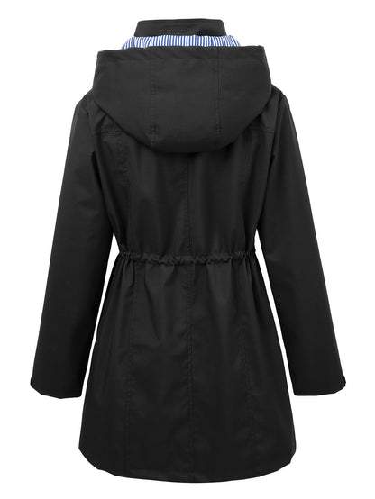Stylish Hooded Rainwear Jacket for Women with Drawstring Waist Zip Front Long Windbreaker All Weather Style