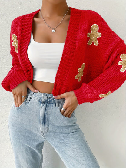 Warm Gingerbread Christmas Cardigan Sweater for Women with Open Front Long Sleeve Knit Festive Style