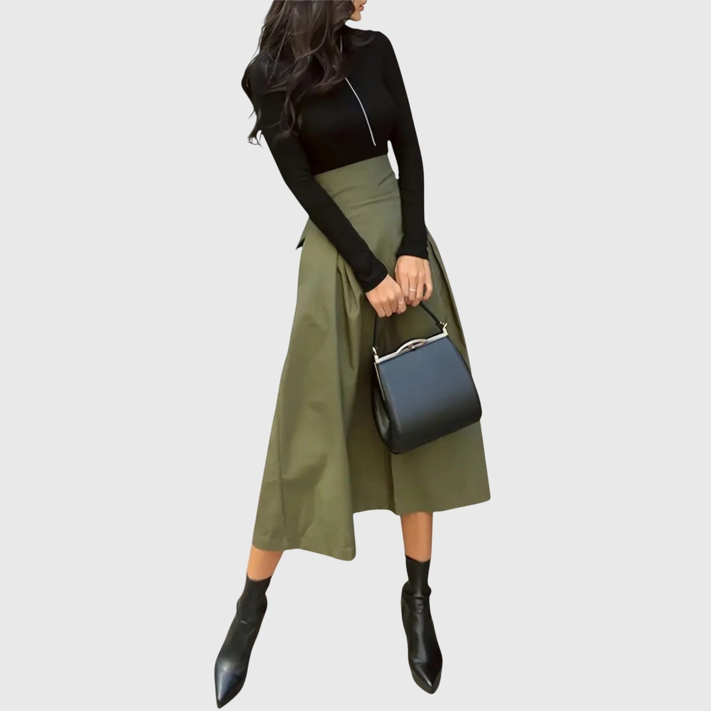 Elegant Green Pleated Maxi Skirt for Women with High Waist Tie Back A Line Flowing Style