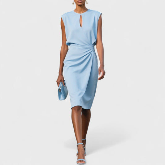 Elegant Keyhole Midi Dress for Women with Round Neck Cap Sleeve Ruched Wrap Cocktail Style