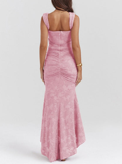 Elegant Floral Lace Mermaid Dress for Women with Square Neck Sleeveless Corset Ruched High Low Style