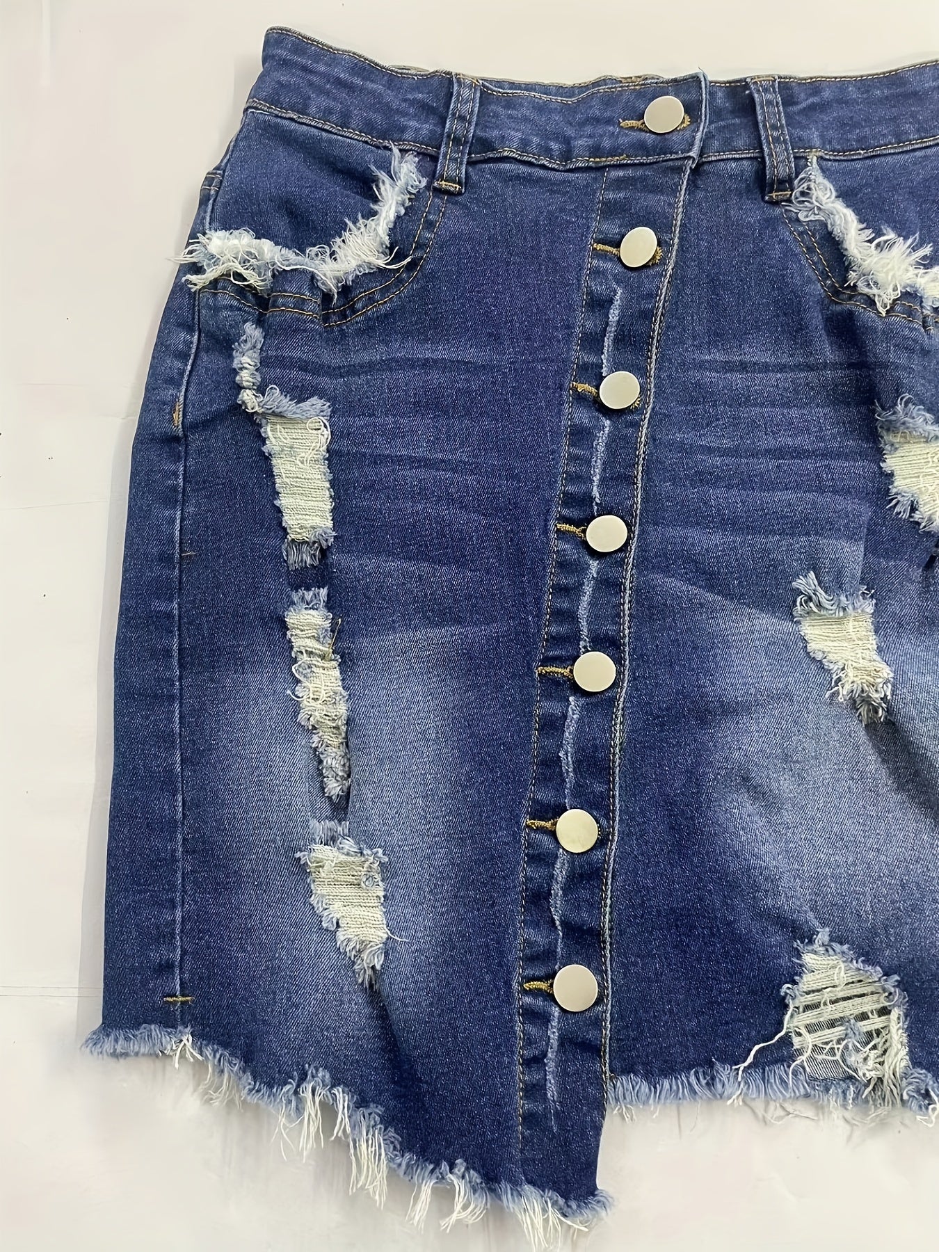 Elegant Blue Distressed Denim Mini Skirt for Women with Button Front Frayed Hem Asymmetrical Style
