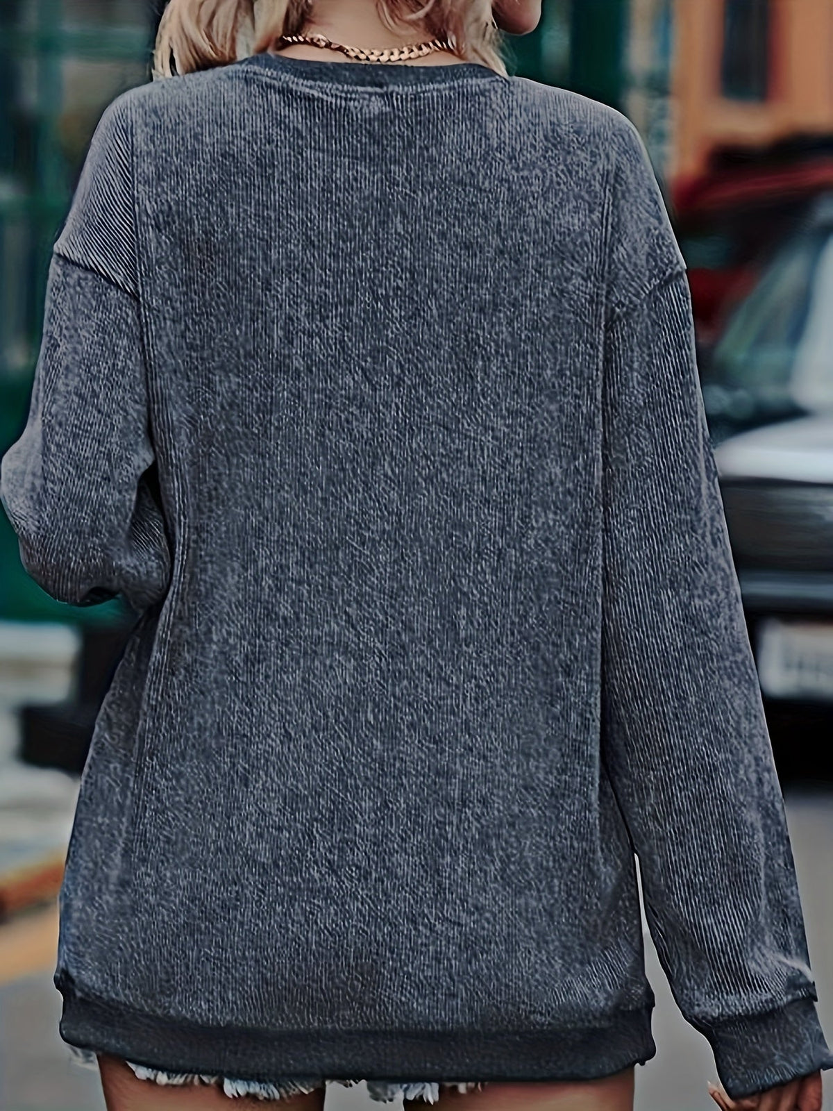 Easy Dark Gray Corduroy Christmas Sweater for Women with Crew Neck Long Sleeve Sequin Santa Relaxed Fit Knit Style