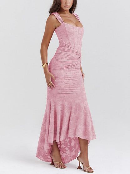 Elegant Floral Lace Mermaid Dress for Women with Square Neck Sleeveless Corset Ruched High Low Style