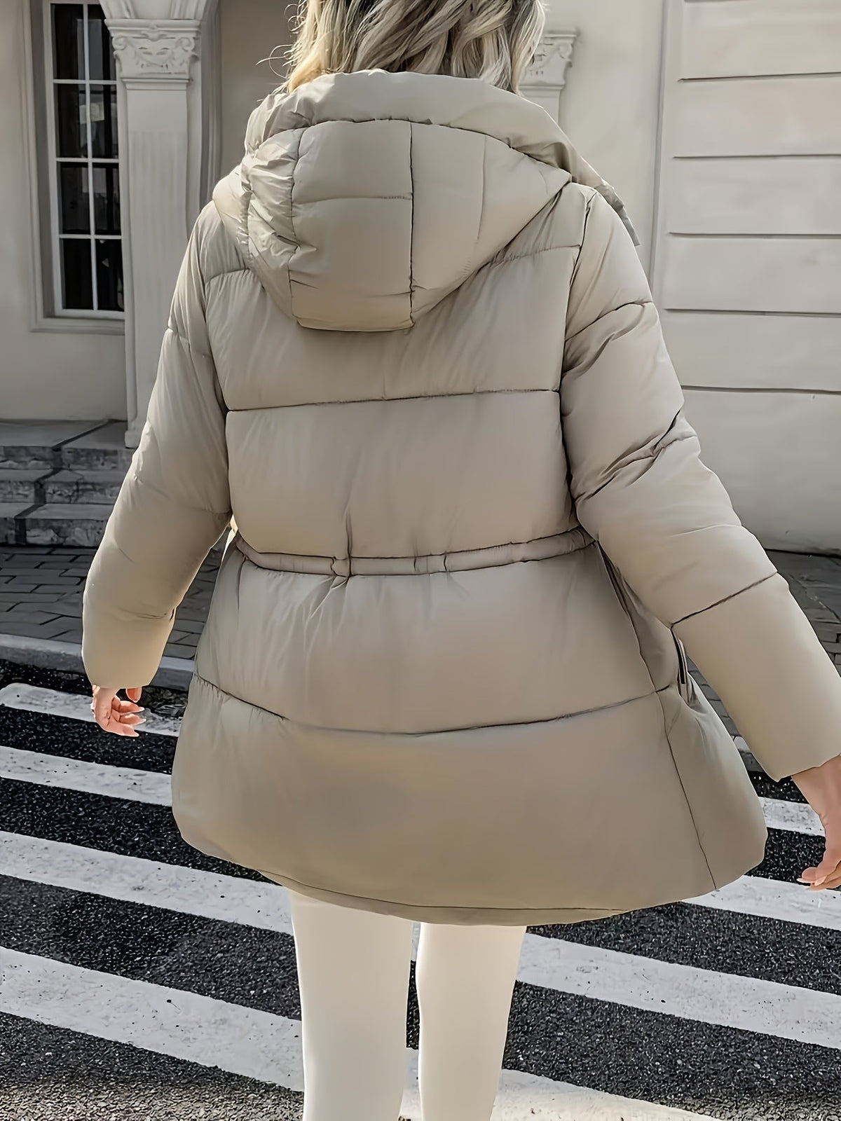Warm Padded Ski Jacket for Women with Hooded Long Sleeve Elastic Drawstring Zip Pocket Style