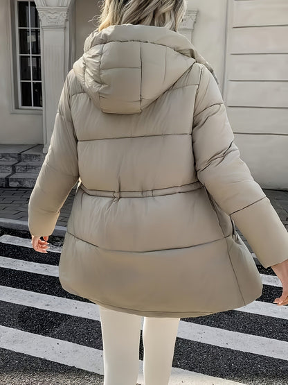 Warm Padded Ski Jacket for Women with Hooded Long Sleeve Elastic Drawstring Zip Pocket Style