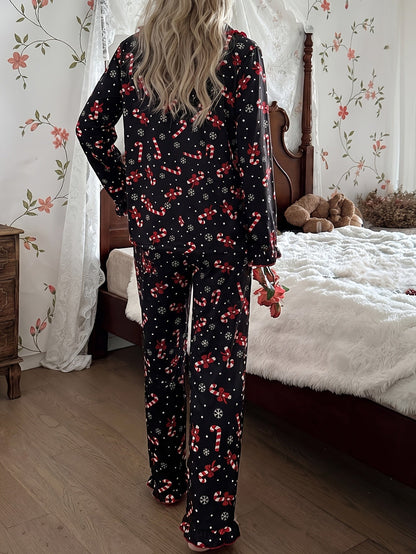 Warm Black Candy Cane Print Christmas Pajamas for Women with Notched Collar Long Sleeve Ruffle Trim Easy Style