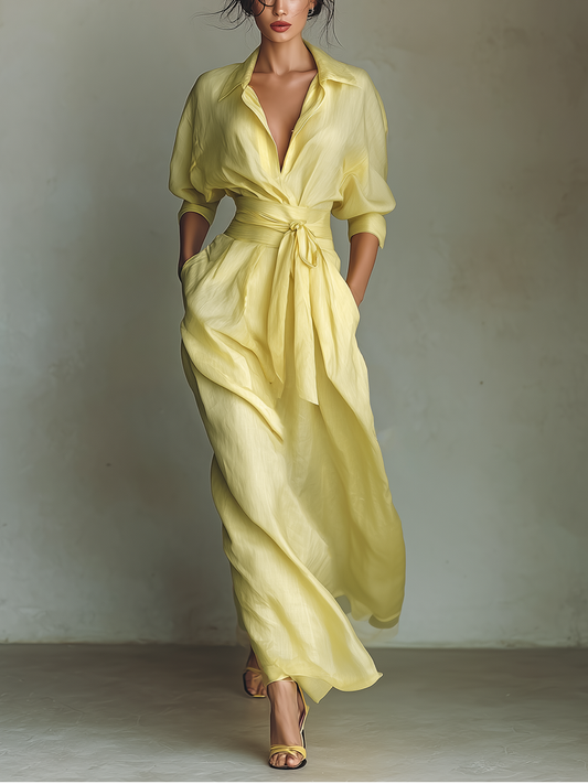 Elegant Yellow Linen Maxi Dress for Women with Collar Wrap Elbow Sleeve Flowing Style
