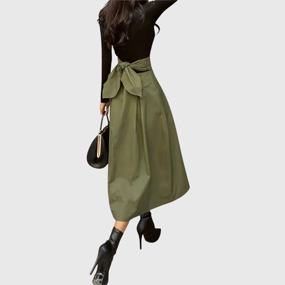 Elegant Green Pleated Maxi Skirt for Women with High Waist Tie Back A Line Flowing Style