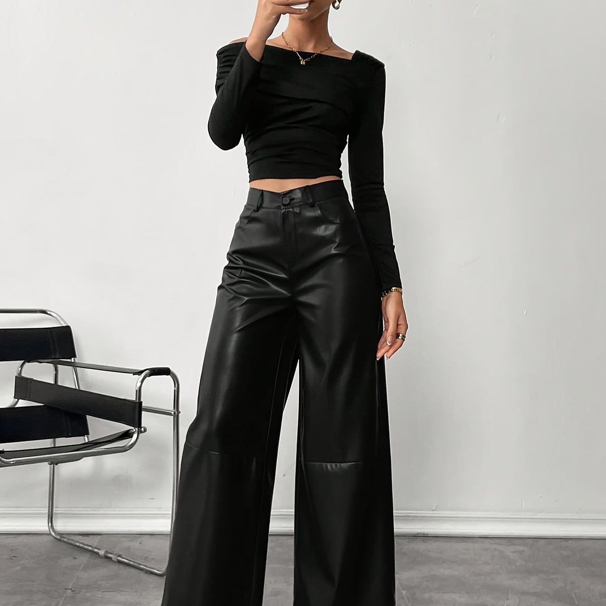 Stylish Black Faux Leather Slacks for Women with High Waist Relaxed Leg Tailored Trouser Style