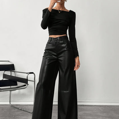 Stylish Black Faux Leather Slacks for Women with High Waist Relaxed Leg Tailored Trouser Style