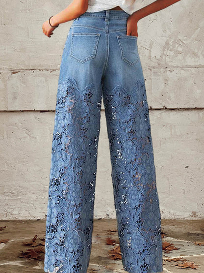 Elegant Blue Wide Leg Jeans for Women with High Waist Floral Crochet Lace Overlay Boho Style
