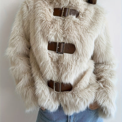 Warm Cream Flurry Coat for Women with Buckle Front Shaggy Faux Fur Cropped Soft Cold Weather Style