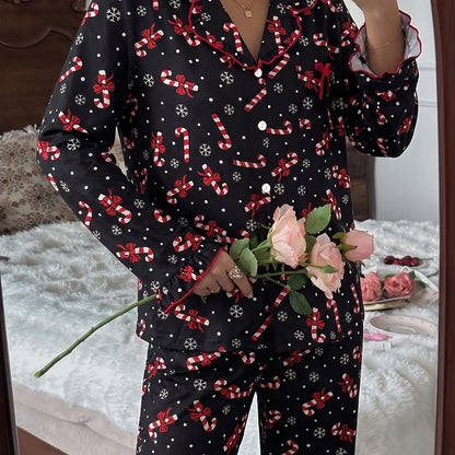 Warm Black Candy Cane Print Christmas Pajamas for Women with Notched Collar Long Sleeve Ruffle Trim Easy Style