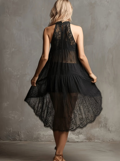 Elegant Black Lace Mini Dress for Women with Halter Neck Sleeveless Tiered Asymmetrical Hem Bohemian Style