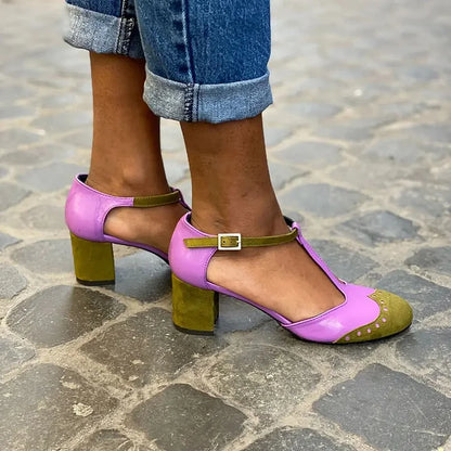 Elegant Colorblock T Strap Pump for Women with Round Toe Buckle Strap Perforated Block Heel Style